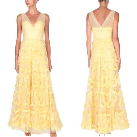 Marchesa Notte Fil Coupé-Trimmed Tulle Sleeveless Gown Lemon Yellow Size 6 NWT - Picture 1 of 13